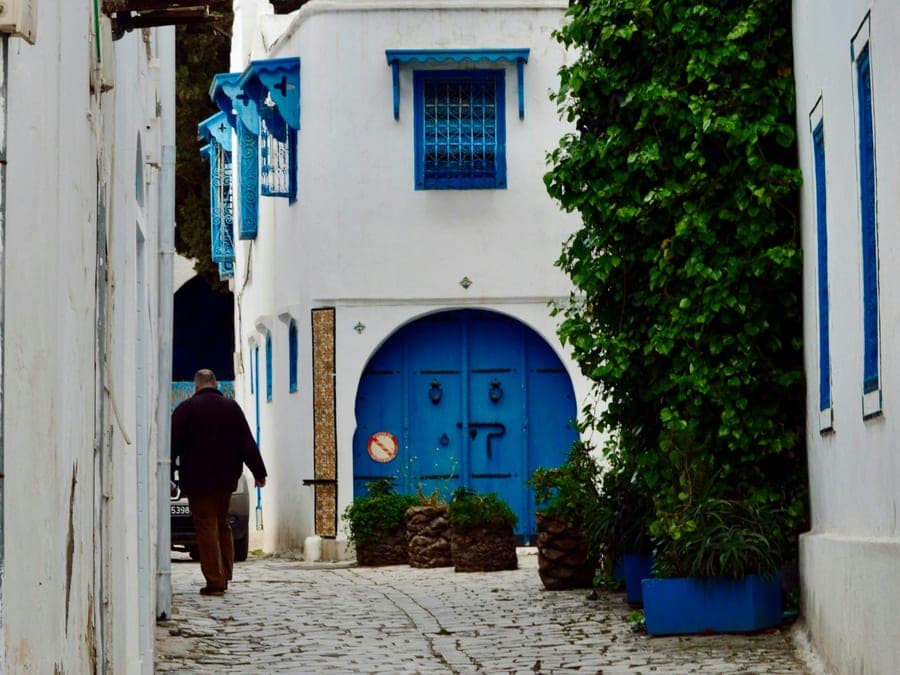 Ruelle pavée de Sidi Bou Saïd, porte bleue voûtée et passant