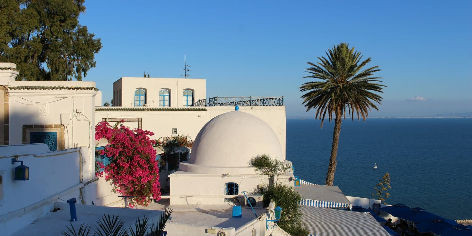 Vue large sur les toits blancs, un dôme et la mer, avec bougainvillier et palmier